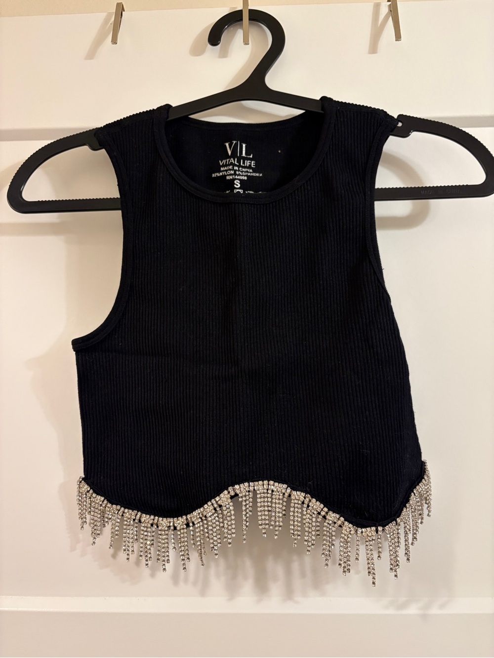 Vital Life Black Ribbed Tank with Crystal Fringe
